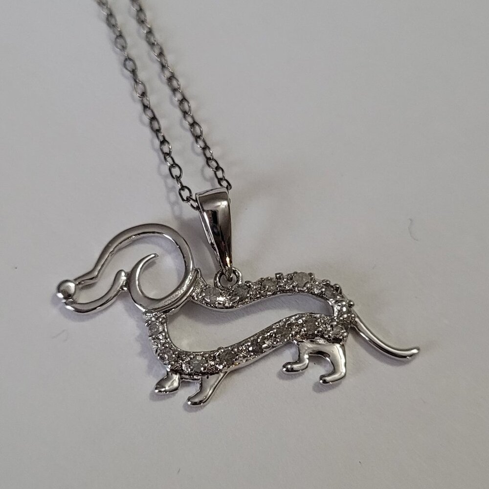 Dog Diamond Sterling Pendant Necklace Dachshund Weenie Doxie Dog Lover - Picture 4 of 16